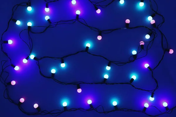 Christmas Lights Blue Background Top View — Stock Photo, Image
