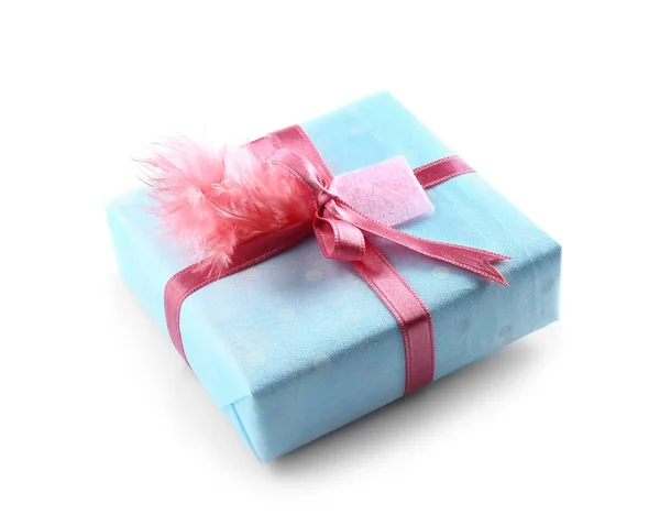 Красива Подарункова Коробка Рожевою Стрічкою Білому Тлі — стокове фото