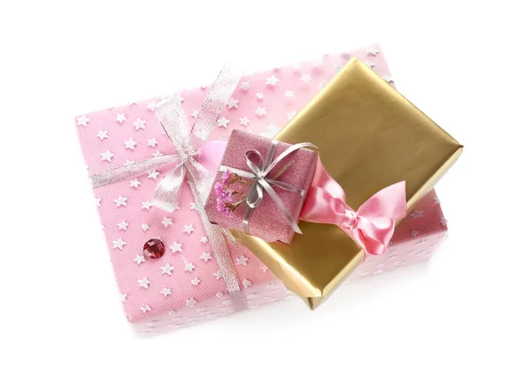 Beautiful Gift Boxes White Background — Stock Photo, Image