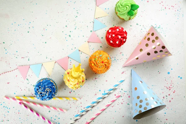 Tasty Cupcakes Party Decor Light Background — Stock Photo, Image