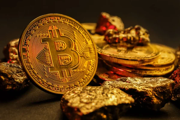 Bitcoins Pepitas Oro Mesa — Foto de Stock