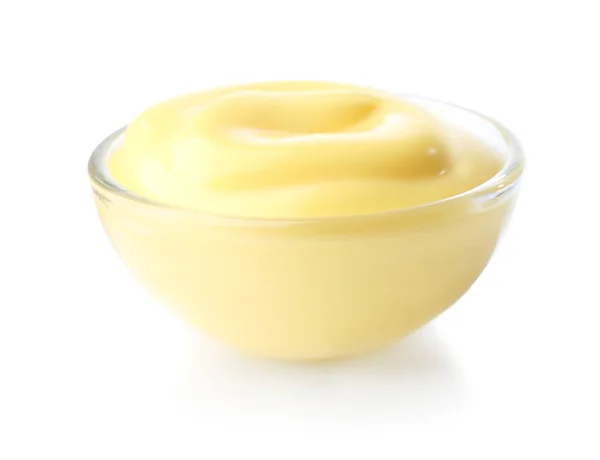 Tasty Yellow Sauce Glass Bowl White Background — Stock Photo, Image