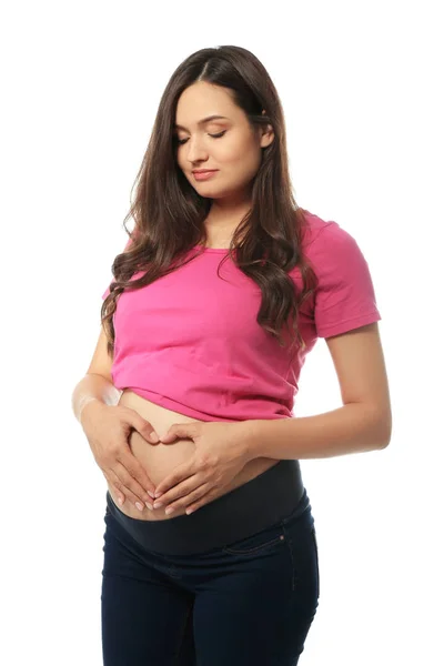 Hermosa Mujer Embarazada Sobre Fondo Blanco —  Fotos de Stock