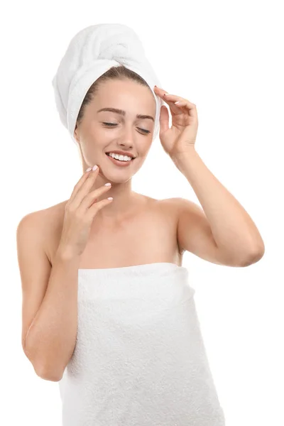 Beautiful Young Woman Wrapped Towel White Background — Stock Photo, Image