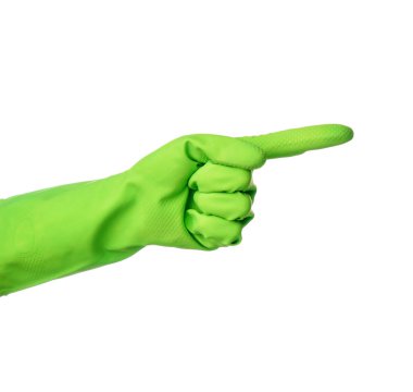 Beyaz arka plandaki bir şeyi gösteren lastik eldiven verin.