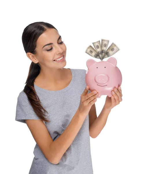 Beautiful Young Woman Piggy Bank White Background — Stock Photo, Image