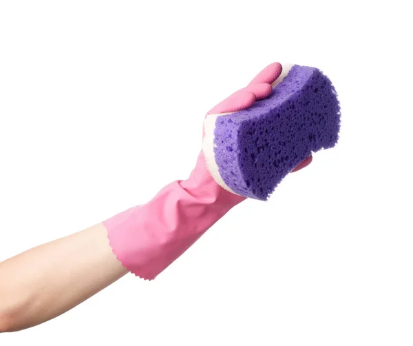 Woman Holding Sponge Cleaning White Background — Stock Photo, Image