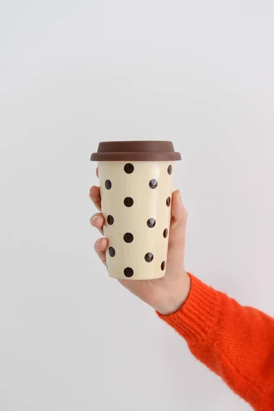 Woman Holding Cup Aromatic Coffee Light Background — Stock Photo, Image