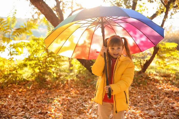 Petite Fille Mignonne Avec Parapluie Coloré Dans Parc Automne — Photo