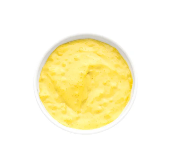Molho Amarelo Saboroso Tigela Fundo Branco — Fotografia de Stock