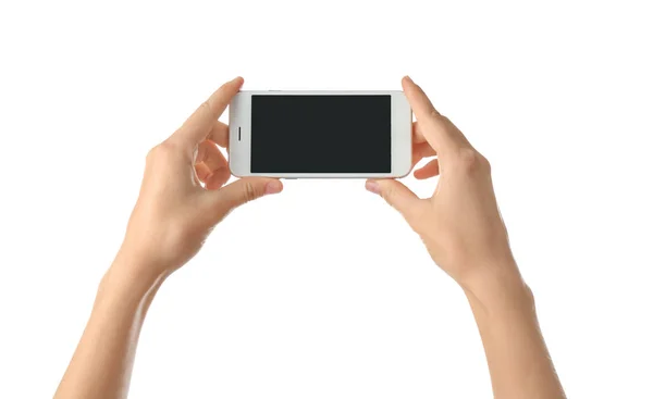 Young Woman Holding Mobile Phone White Background — Stock Photo, Image