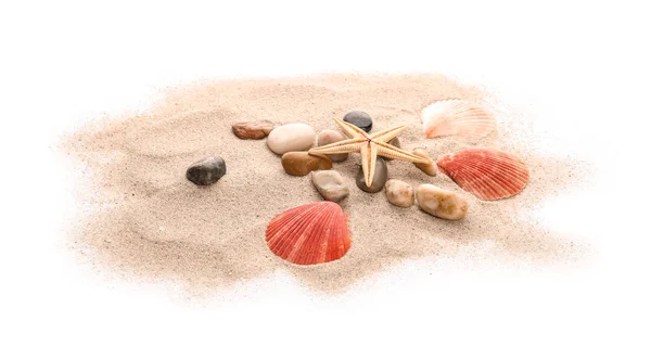 貝殻や白い背景の上の砂 — ストック写真
