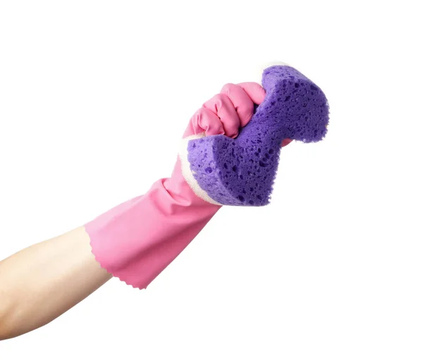 Mujer Sosteniendo Esponja Para Limpiar Sobre Fondo Blanco — Foto de Stock