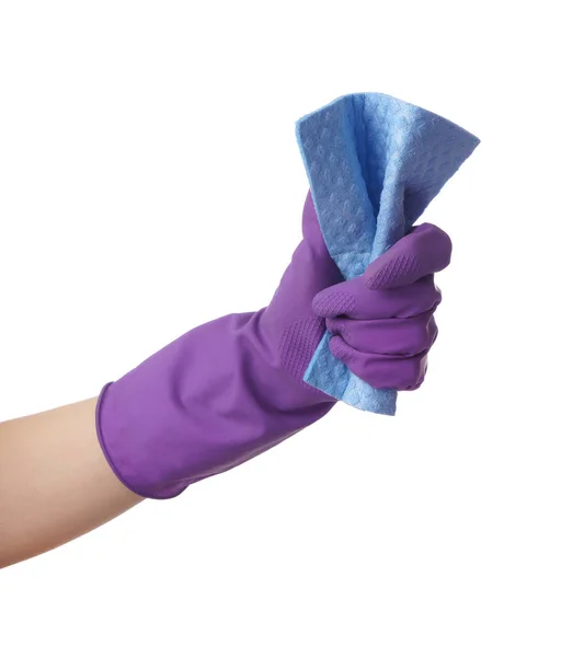 Woman Holding Rag Cleaning White Background — Stock Photo, Image