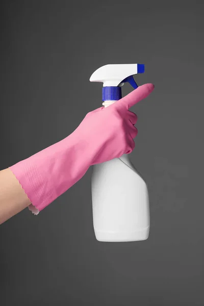 Woman Holding Spray Bottle Detergent Grey Background — Stock Photo, Image