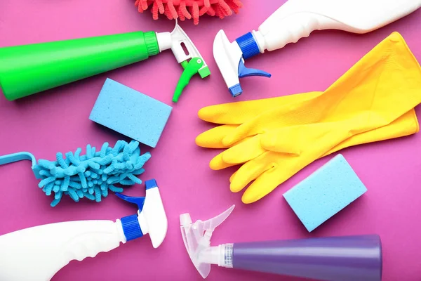Flat Lay Composition Cleaning Supplies Color Background — Stock Photo, Image