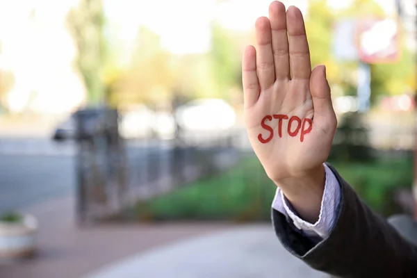 Weibliche Handfläche Mit Geschriebenem Wort Stop Freien Korruptionskonzept — Stockfoto