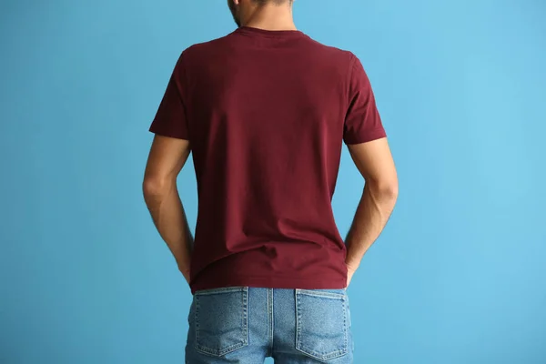 Young Man Stylish Shirt Color Background Back View — Stock Photo, Image