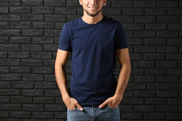 Young Man Stylish Shirt Dark Brick Wall — Stock Photo, Image