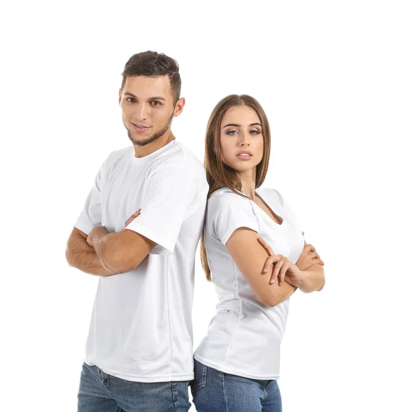 Jovem Mulher Camisetas Elegantes Fundo Branco — Fotografia de Stock