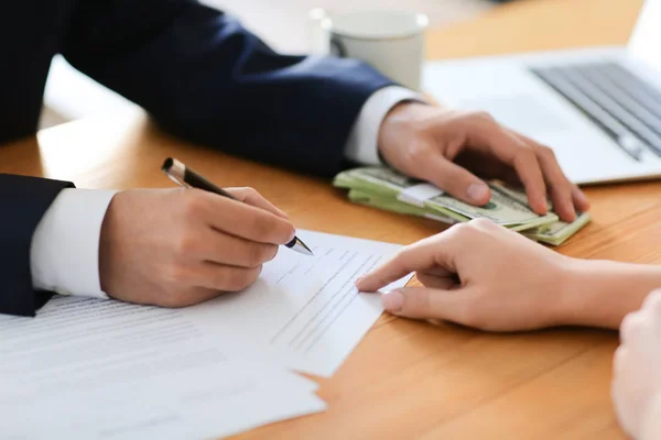 Businessman Bribe Signing Contract Table Closeup Corruption Concept — Stock Photo, Image