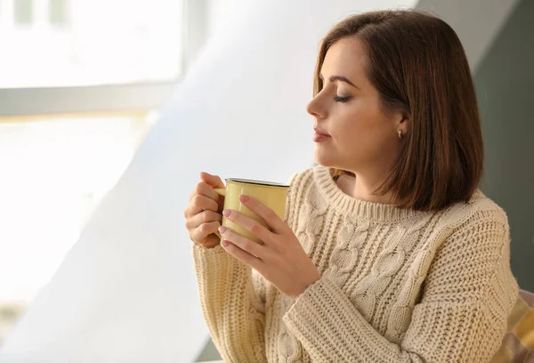 Beautiful Young Woman Drinking Hot Tea Home — Stock Photo, Image