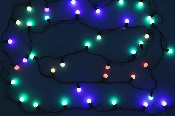 Christmas Lights Blue Background Top View — Stock Photo, Image