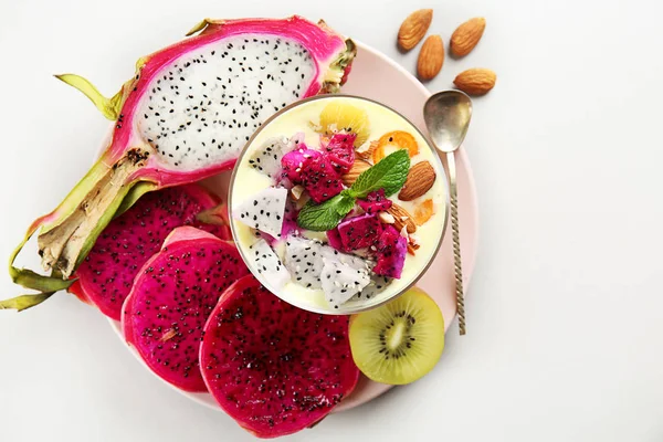 Yogurt Dragon Fruit Bowl Light Background — Stock Photo, Image