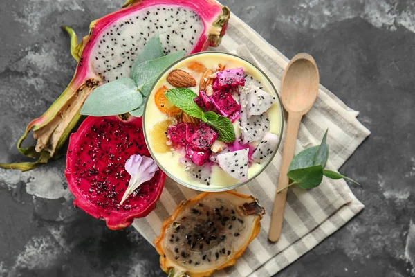 Yogurt Dragon Fruit Bowl Grey Background — Stock Photo, Image