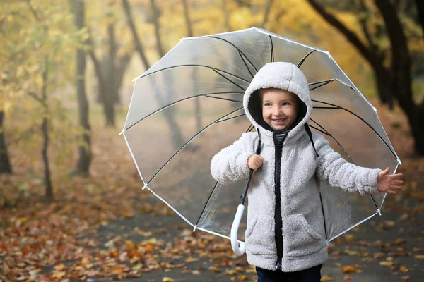 秋の公園で透明な傘のかわいい男の子 — ストック写真