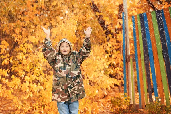 Cute Little Boy Wearing Raincoat Autumn Park — Stock Photo, Image