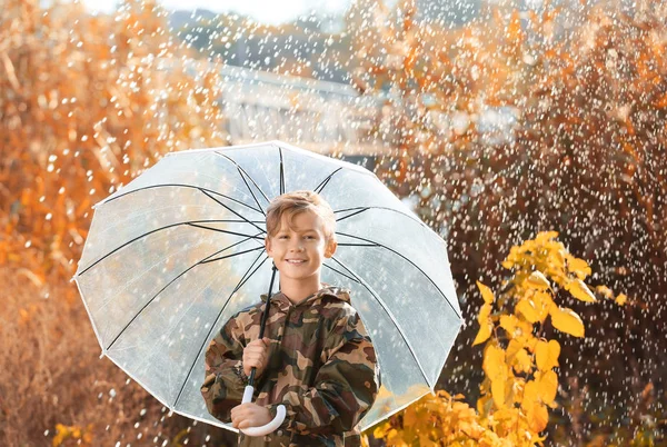 Sød Lille Dreng Med Paraply Parken Regnfuld Efterårsdag - Stock-foto