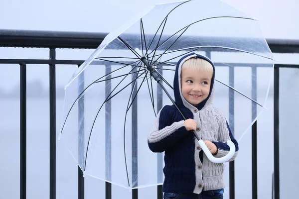 Cute Little Boy Transparent Umbrella Outdoors — Stock Photo, Image