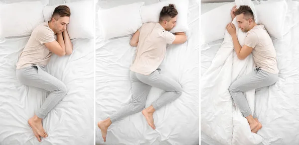 Knappe Man Slapen Verschillende Posities Bed Bovenaanzicht — Stockfoto