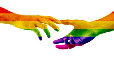 Birbirlerine beyaz zemin üzerine uzanarak gökkuşağı bayrağı olarak erkek el boyalı. LGBT kavramı
