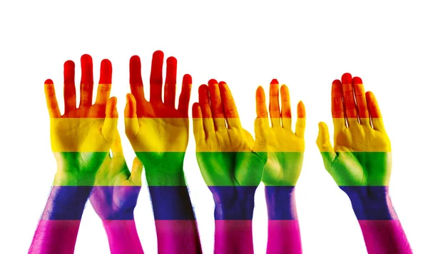 Raised Hands Painted Rainbow Flag Isolated White Lgbt Concept — Stock Photo, Image