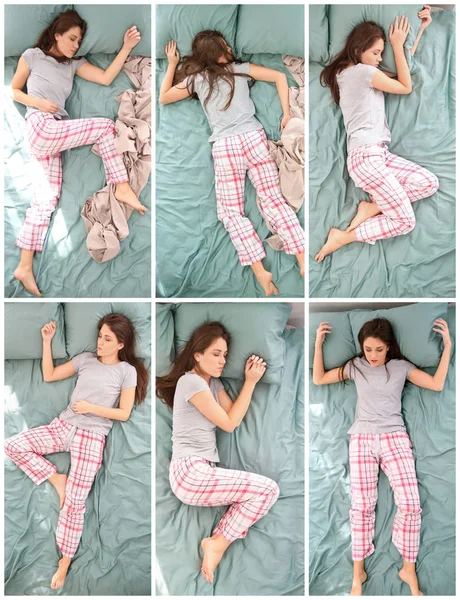 Mooie Vrouw Slapen Verschillende Posities Bed Bovenaanzicht — Stockfoto