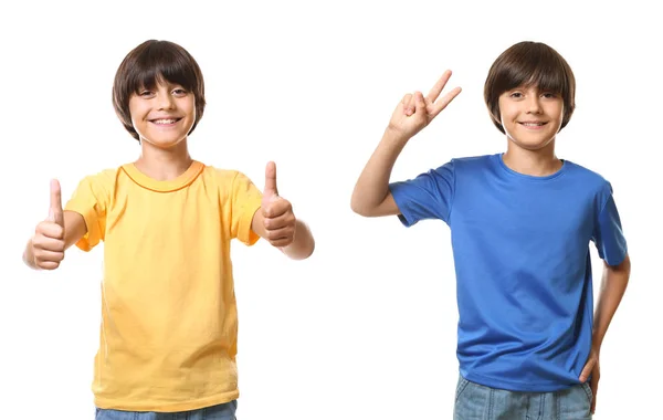 Collage Mit Kleinem Jungen Shirt Auf Weißem Hintergrund — Stockfoto