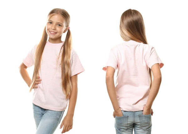 Kleines Mädchen Shirt Auf Weißem Hintergrund Vorder Und Rückseite — Stockfoto