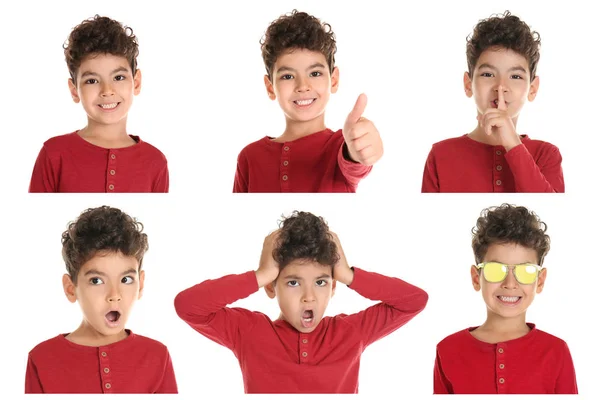 Niño Con Diferentes Emociones Sobre Fondo Blanco —  Fotos de Stock