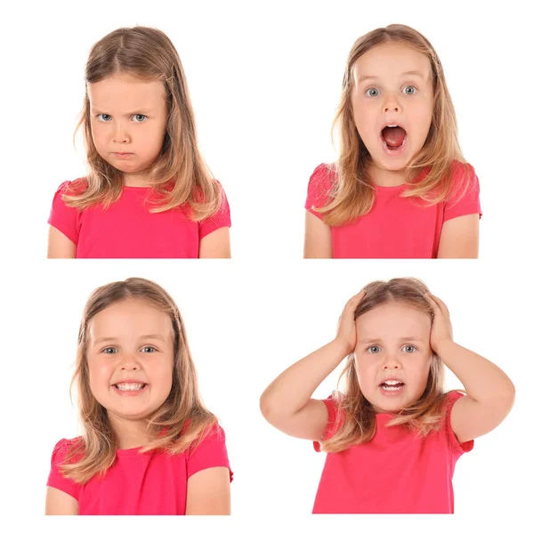 Little Girl Different Emotions White Background — Stock Photo, Image