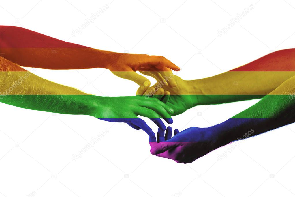 Male hands painted as the rainbow flag isolated on white. LGBT concept