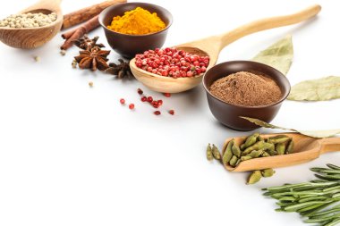 Beyaz arka plan üzerinde farklı baharatlar ile kompozisyon