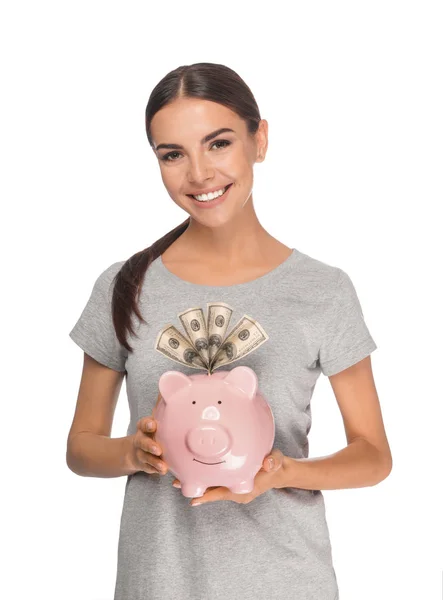 Beautiful Young Woman Piggy Bank White Background — Stock Photo, Image