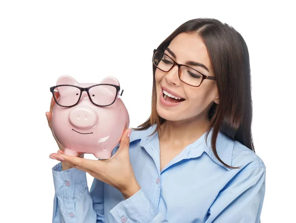 Beautiful Young Woman Piggy Bank White Background — Stock Photo, Image