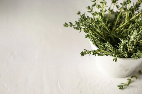 Bowl Fresh Thyme White Table — Stock Photo, Image