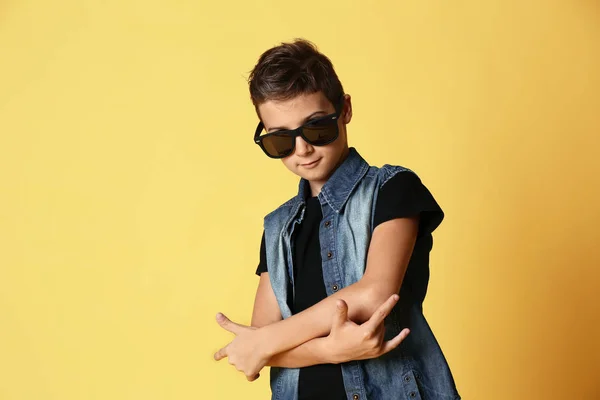 Cute Boy Fashionable Clothes Color Background — Stock Photo, Image