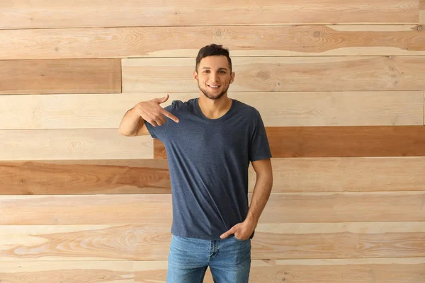 Young Man Stylish Shirt Wooden Background — Stock Photo, Image