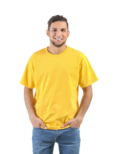 Hombre Joven Elegante Camiseta Sobre Fondo Blanco — Foto de Stock