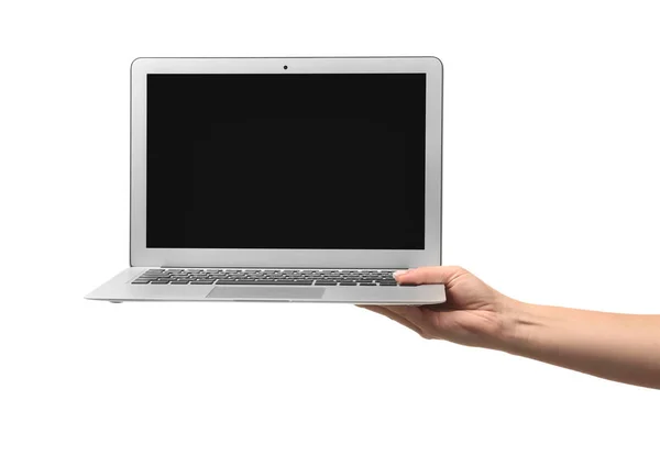 Female Hand Holding Laptop Blank Screen Isolated White — Stock Photo, Image